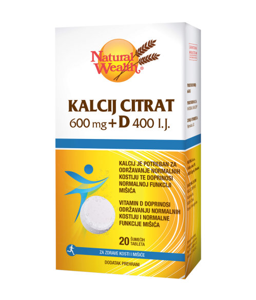 NATURAL WEALTH Kalcij citrat 600 mg + D 400 I.J. a20 šumećih tableta, Za zdravlje kostiju i mišića - slika 1